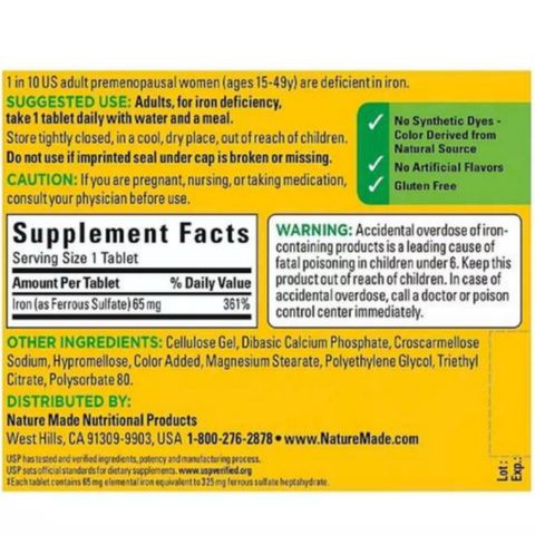 Viên uống Bổ Sung Sắt Nature Made Iron 65 mg - Tăng Cường Hệ Miễn Dịch - Ngăn Ngừa & Cải Thiện Tình Trạng Thiếu Máu - S/P Chuẩn Mỹ