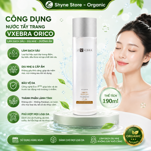 Nước tẩy trang sạch sâu Vxebra Orico dịu nhẹ, cấp ẩm, giúp làn da mịn màng và tươi trẻ 190ml