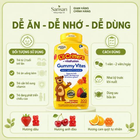 Kẹo Dẻo Vitamin L'il Critters Gummy Vites Mỹ Cho Bé 2+ Tuổi 300 Viên - Nội địa Mỹ