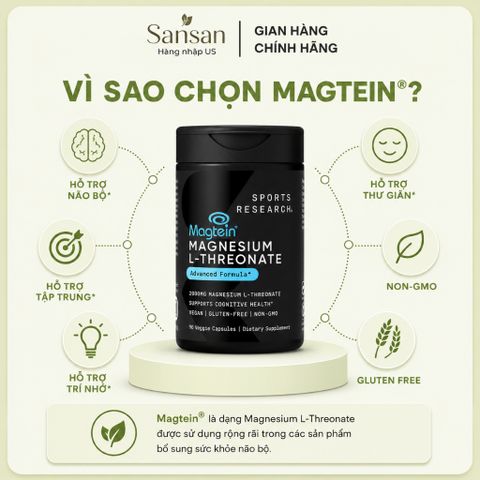 Sports Research Magtein Magnesium L-Threonate 90 Viên - Magie L-Threonate Hỗ Trợ Não Bộ, Trí Nhớ, Tập Trung - Non GMO, G