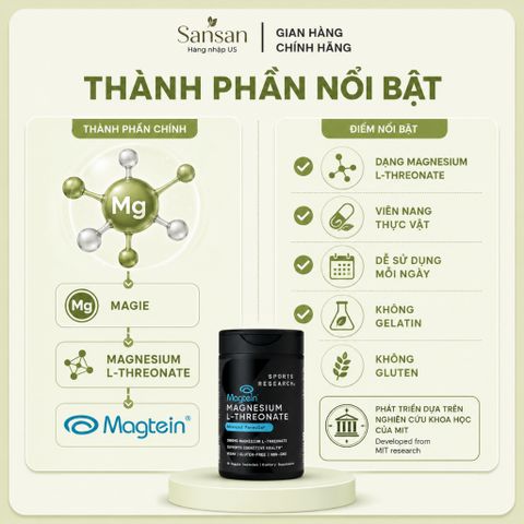 Sports Research Magtein Magnesium L-Threonate 90 Viên - Magie L-Threonate Hỗ Trợ Não Bộ, Trí Nhớ, Tập Trung - Non GMO, G