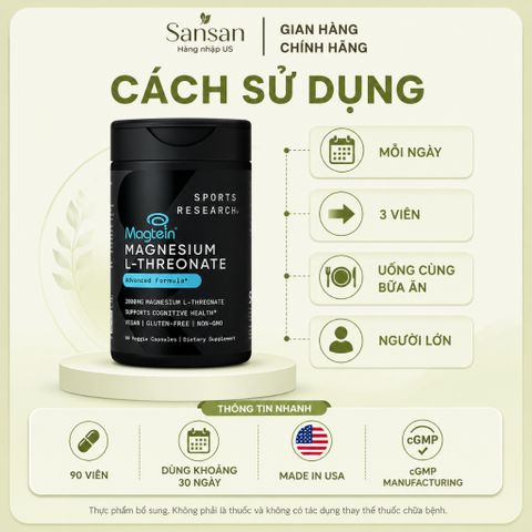 Sports Research Magtein Magnesium L-Threonate 90 Viên - Magie L-Threonate Hỗ Trợ Não Bộ, Trí Nhớ, Tập Trung - Non GMO, G