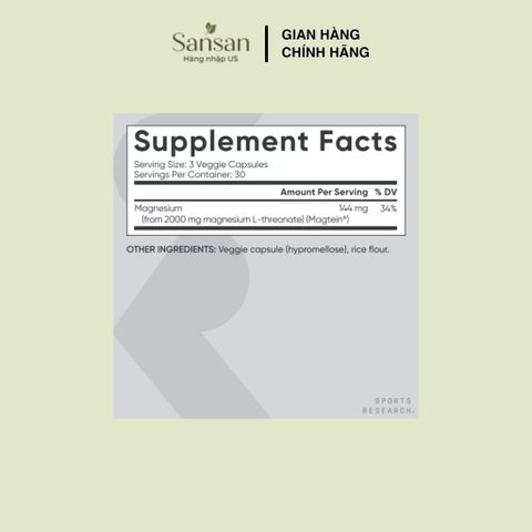 Sports Research Magtein Magnesium L-Threonate 90 Viên - Magie L-Threonate Hỗ Trợ Não Bộ, Trí Nhớ, Tập Trung - Non GMO, G
