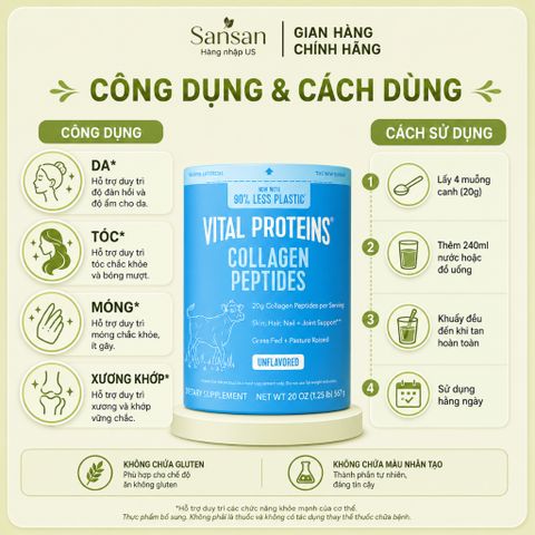 Vital Proteins Collagen Peptides 20oz (567g) - Bột Collagen Peptides Thủy Phân Từ Bò Ăn Cỏ - Không Hương Vị - 28 Khẩu Ph