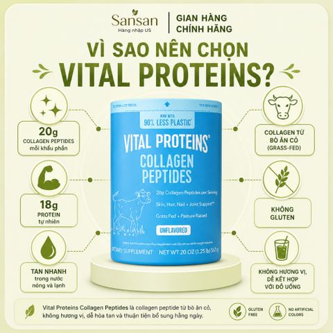Vital Proteins Collagen Peptides 20oz (567g) - Bột Collagen Peptides Thủy Phân Từ Bò Ăn Cỏ - Không Hương Vị - 28 Khẩu Ph