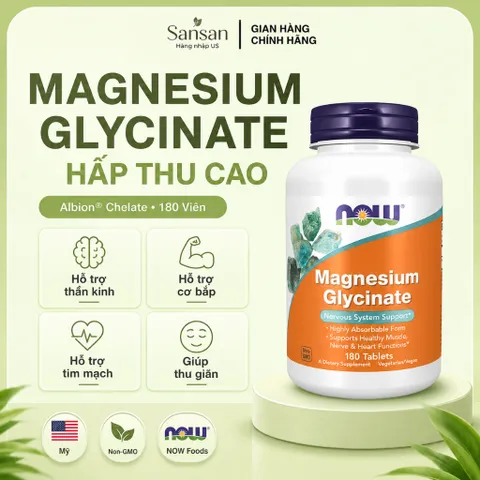 NOW Foods Magnesium Glycinate 180 Viên Magie Bisglycinate Albion Hấp Thu Cao Hỗ Trợ Cơ Thần Kinh Tim Mạch - Nội địa Mỹ