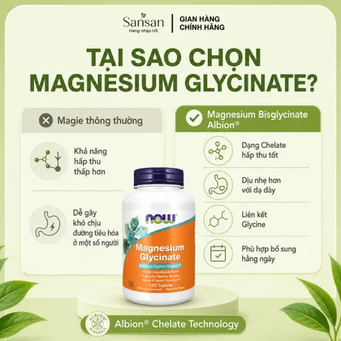 NOW Foods Magnesium Glycinate 180 Viên Magie Bisglycinate Albion Hấp Thu Cao Hỗ Trợ Cơ Thần Kinh Tim Mạch - Nội địa Mỹ