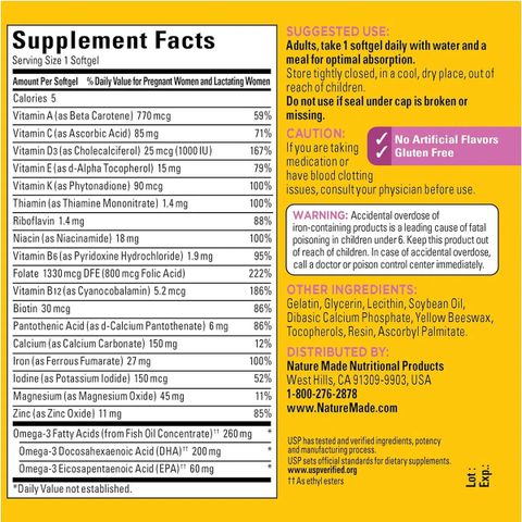 Nature Made Prenatal Multi + DHA - Vitamin cho mẹ bầu, hỗ trợ phát triển toàn diện cho mẹ và bé, sản xuất tại Mỹ