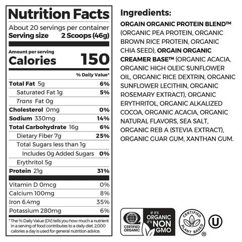 Orgain Organic Protein Socola 920g - Bột hữu Cơ, hỗ trợ tăng cân cho người rầy yếu, cung cấp dinh dưỡng thiết yếu, sản xuất tại Mỹ