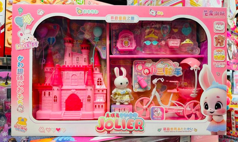 JOLIER Đồ chơi nhà búp ê công chúa màu hồng với lâu đài, xe đạp và các phụ kiện 766