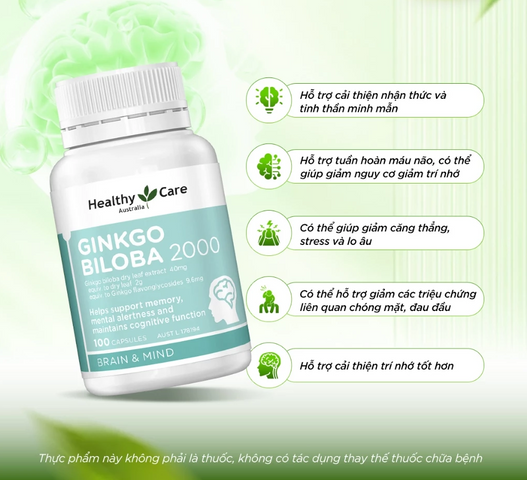 Viên uống Ginkgo Biloba Healthy Care 2000mg Úc - Hỗ trợ tuần hoàn não, cải thiện trí nhớ và khả năng tập trung, bảo vệ sức khỏe toàn diện