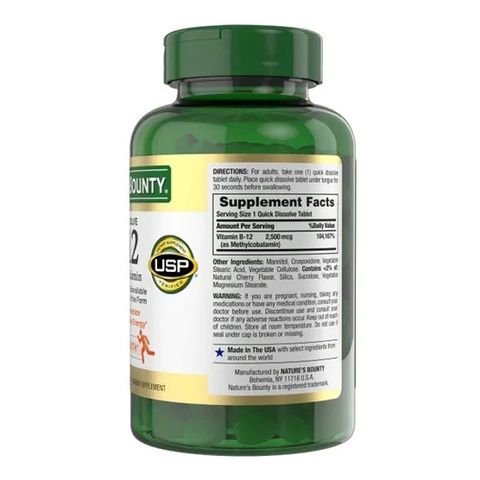 Nature’s Bounty Vitamin B12 2500mcg - Bổ sung Vitamin B12, giảm cảm giác mệt mỏi, hỗ trợ làn da tươi sáng và làm chậm quá trình lão hóa, sản xuất tại Mỹ