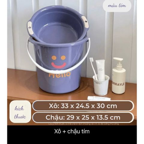 Set Xô Kèm Chậu Hello Cao Cấp (14 Lít) - Chất Liệu Nhựa PP Dày Dặn, Có Quai Xách Tiện Lợi, Họa Tiết Mặt Cười Dễ Thương