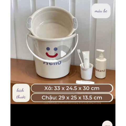 Set Xô Kèm Chậu Hello Cao Cấp (14 Lít) - Chất Liệu Nhựa PP Dày Dặn, Có Quai Xách Tiện Lợi, Họa Tiết Mặt Cười Dễ Thương