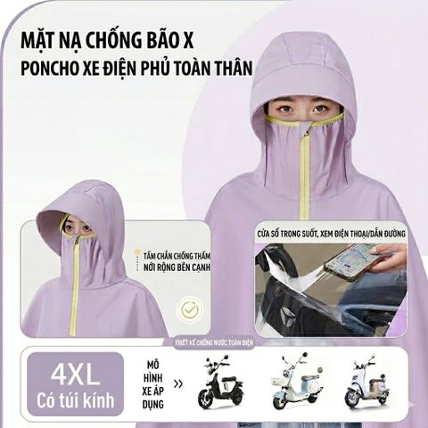 Áo Mưa Poncho Xe Điện Toàn Thân 4XL - Mặt Nạ Chống Bão, Kính Chắn Nước, Có Túi Trong Suốt Xem Điện Thoại Cao Cấp