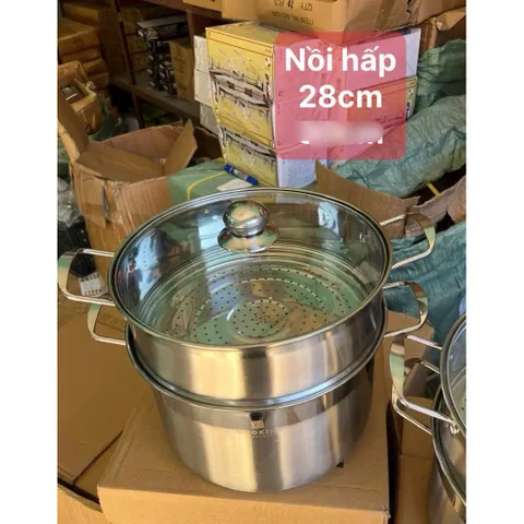 Bộ Nồi Xửng Hấp Inox 430 28cm - Đun Được Trên Bếp Điện Từ, Nắp kính Chắc Chắn