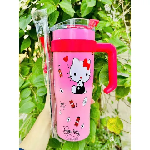 Ly Giữ Nhiệt Sanrio 1200ml Có Tay Cầm - Bình Giữ Nhiệt Inox 316 Hello Kitty, Pochacco, Hangyodon (Tặng Kèm Ống Hút)