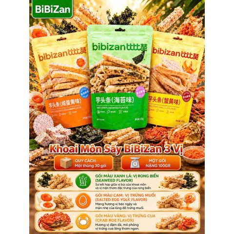 Combo 3 Gói Khoai Môn Sấy BiBiZan Đủ 3 Vị 100g - Snack Bánh Bim Bim Khoai Môn Chiên Sấy Giòn Tan Đồ Ăn Vặt Nội Địa Trung