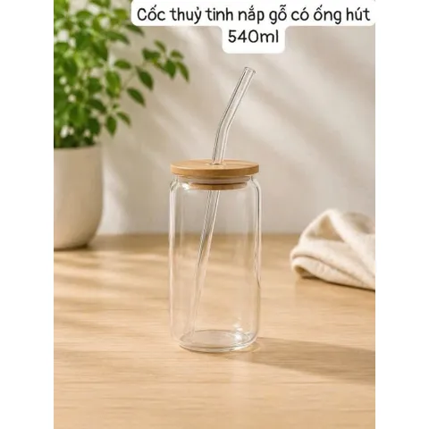 Combo Bình Lắc Pha Chế Vạch Chia + Chày Dầm Inox + Cốc Thủy Tinh Dáng Lon Nắp Gỗ Ống Hút Cao Cấp Làm Trà Chanh Giã Tay