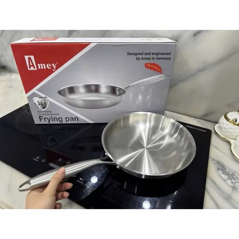 Chảo Inox Cạn Lòng Amey Chống Dính Đáy Từ - Kích Thước 26cm & 28cm Dùng Được Trên Mọi Loại Bếp