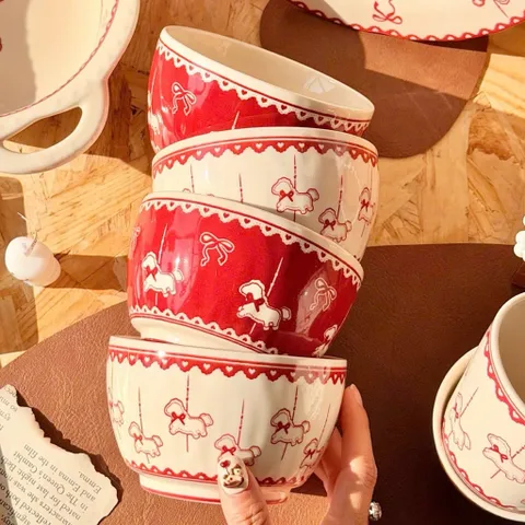 Combo 4 Bát Sứ Kèm Thìa Họa Tiết Ngựa Gỗ Đáng Yêu - Chén Ăn Cơm Sứ Cao Cấp Phong Cách Gốm Sứ Hàn Quốc Decor Bàn Ăn