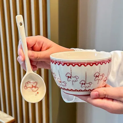Combo 4 Bát Sứ Kèm Thìa Họa Tiết Ngựa Gỗ Đáng Yêu - Chén Ăn Cơm Sứ Cao Cấp Phong Cách Gốm Sứ Hàn Quốc Decor Bàn Ăn