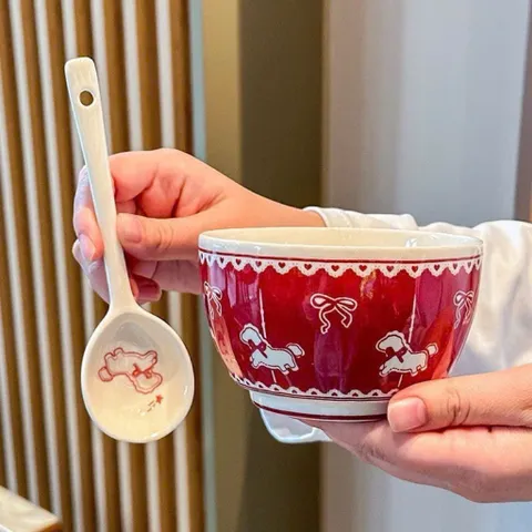 Combo 4 Bát Sứ Kèm Thìa Họa Tiết Ngựa Gỗ Đáng Yêu - Chén Ăn Cơm Sứ Cao Cấp Phong Cách Gốm Sứ Hàn Quốc Decor Bàn Ăn