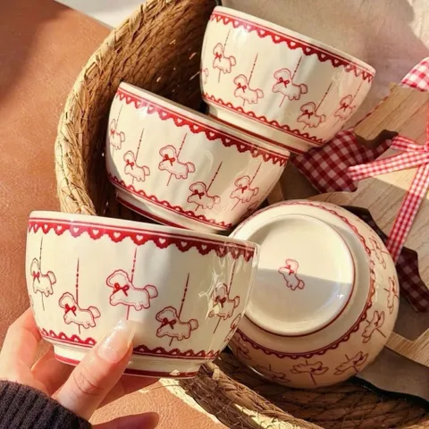 Combo 4 Bát Sứ Kèm Thìa Họa Tiết Ngựa Gỗ Đáng Yêu - Chén Ăn Cơm Sứ Cao Cấp Phong Cách Gốm Sứ Hàn Quốc Decor Bàn Ăn