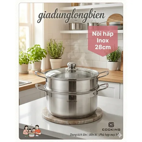 Nồi Hấp Inox 2 Tầng 28cm Nắp Kính Cường Lực Cao Cấp Cooking , Xửng Hấp Bánh Bao, Đồ Xôi Đa Năng Dùng Được Bếp Từ