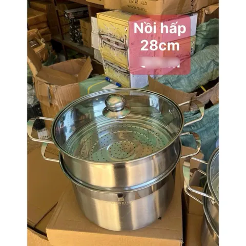 Nồi Hấp Inox 2 Tầng 28cm Nắp Kính Cường Lực Cao Cấp Cooking , Xửng Hấp Bánh Bao, Đồ Xôi Đa Năng Dùng Được Bếp Từ
