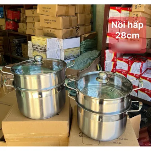 Nồi Hấp Inox 2 Tầng 28cm Nắp Kính Cường Lực Cao Cấp Cooking , Xửng Hấp Bánh Bao, Đồ Xôi Đa Năng Dùng Được Bếp Từ