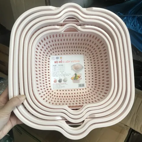 Bộ 6 Rổ Nhựa Kèm Chậu 2 Lớp Hình Vuông Cao Cấp - Combo Rổ Ráo Nước Và Chậu Rửa Rau Củ Quả Tiện Lợi Cho Nhà Bếp