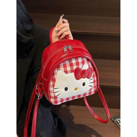 Balo Mini Hello Kitty Dễ Thương Túi Đeo Chéo 2 Trong 1 Da Bóng Cao Cấp Họa Tiết Caro Đỏ Trắng Phong Cách Hàn Quốc