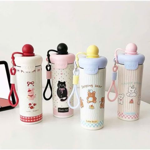 Bình Giữ Nhiệt XCUP Black Cat 600ml Inox SUS 316 Họa Tiết Mèo Đen Dễ Thương, Giữ Nóng Lạnh Lâu, Có Dây Đeo