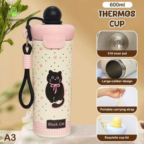 Bình Giữ Nhiệt XCUP Black Cat 600ml Inox SUS 316 Họa Tiết Mèo Đen Dễ Thương, Giữ Nóng Lạnh Lâu, Có Dây Đeo