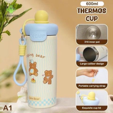 Bình Giữ Nhiệt XCUP Black Cat 600ml Inox SUS 316 Họa Tiết Mèo Đen Dễ Thương, Giữ Nóng Lạnh Lâu, Có Dây Đeo
