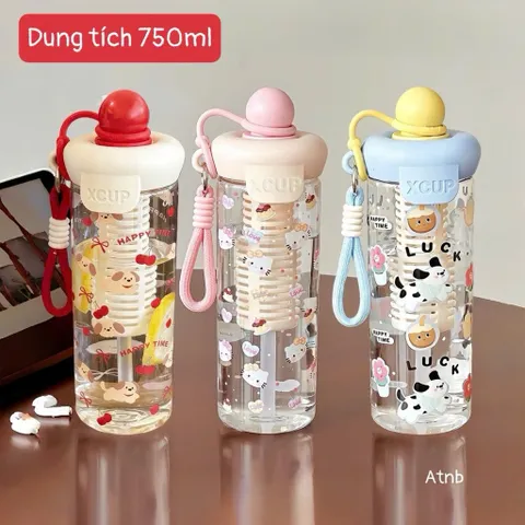 Bình Nước Nhựa 750ml Có Lõi Lọc Trà & Ống Hút - Họa Tiết Hoạt Hình Cute Phong Cách Hàn Quốc (Kèm Quai Xách)