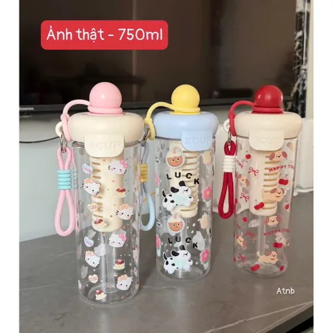 Bình Nước Nhựa 750ml Có Lõi Lọc Trà & Ống Hút - Họa Tiết Hoạt Hình Cute Phong Cách Hàn Quốc (Kèm Quai Xách)