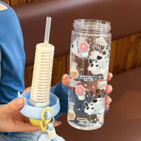 Bình Nước Nhựa 750ml Có Lõi Lọc Trà & Ống Hút - Họa Tiết Hoạt Hình Cute Phong Cách Hàn Quốc (Kèm Quai Xách)