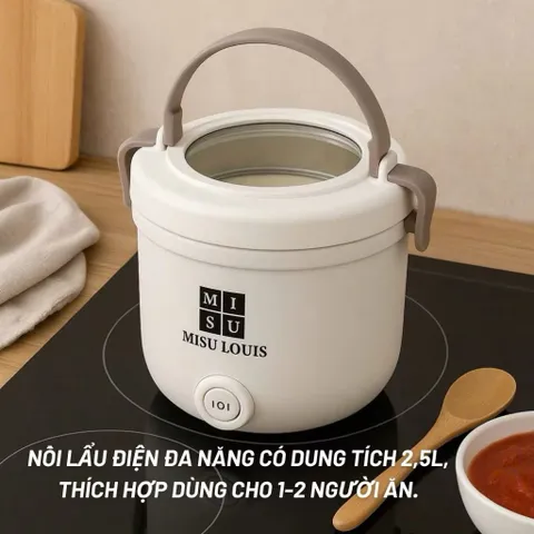 Nồi Lẩu Điện Đa Năng MISU LOUIS 2.5L Kèm Giá Hấp Inox - Nồi Nấu Mini Chống Dính Cao Cấp Cho 1-3 Người Ăn