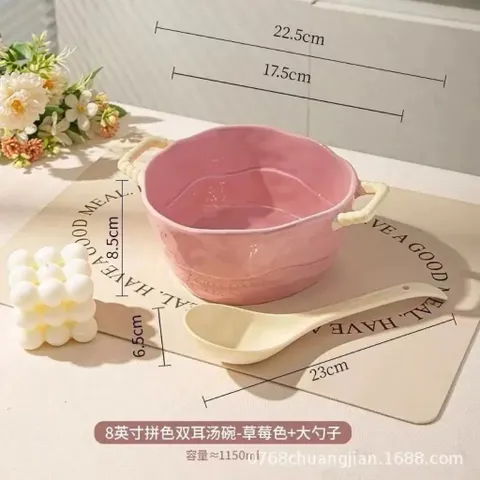 Tô sứ ăn mì có quai cầm kèm thìa decor phong cách Hàn Quốc - Bát sứ đựng soup dung tích lớn 1150ml mẫu mới