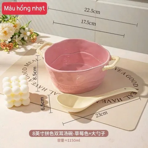 Tô sứ ăn mì có quai cầm kèm thìa decor phong cách Hàn Quốc - Bát sứ đựng soup dung tích lớn 1150ml mẫu mới
