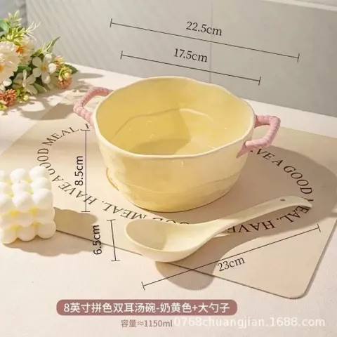 Tô sứ ăn mì có quai cầm kèm thìa decor phong cách Hàn Quốc - Bát sứ đựng soup dung tích lớn 1150ml mẫu mới