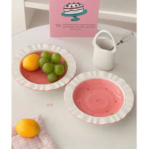 Đĩa Sứ Decor Hình Dâu Tây Viền Sóng - Đĩa Đựng Trái Cây, Bánh Ngọt Dễ Thương Cho Bé, Chụp Ảnh Sống Ảo Cao Cấp