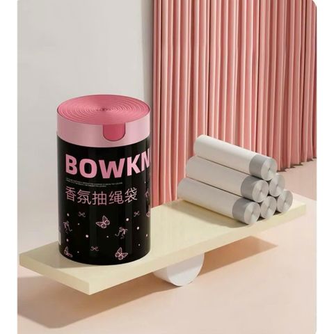 Cuộn 100 Túi Rác Đen Dây Rút Tự Động In Họa Tiết Nơ Sang Trọng, Túi Đựng Rác Gia Đình Siêu Dai Chống Rò Rỉ