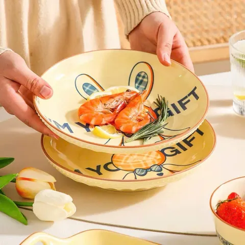 Bộ Bát Đĩa Sứ 4 Món Cao Cấp Hình Thỏ Bunny Vintage – Set Đồ Ăn Sứ Chống Nóng Gồm Bát, Đĩa, Thìa, Đũa Decor Bàn Ăn