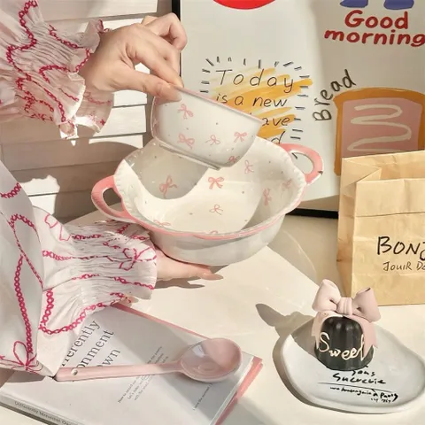Sét Bát Đĩa Sứ Họa Tiết Nơ Hồng  - Tô Sứ Hai Quai Decor Xinh Xắn, Bát Ăn Cơm Gốm Sứ Cao Cấp Phong Cách Hàn Quốc