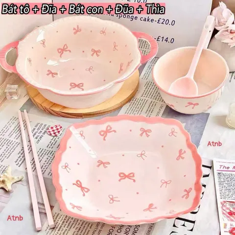 Sét Bát Đĩa Sứ Họa Tiết Nơ Hồng  - Tô Sứ Hai Quai Decor Xinh Xắn, Bát Ăn Cơm Gốm Sứ Cao Cấp Phong Cách Hàn Quốc