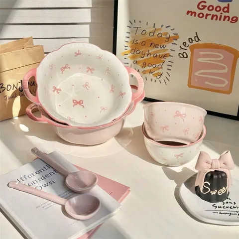 Sét Bát Đĩa Sứ Họa Tiết Nơ Hồng  - Tô Sứ Hai Quai Decor Xinh Xắn, Bát Ăn Cơm Gốm Sứ Cao Cấp Phong Cách Hàn Quốc