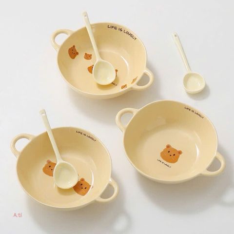 Sét Bát Sứ Gấu Life Is Lovely Kèm Thìa Cao Cấp - Bát Ăn Dặm Cho Bé, Tô Đựng Soup Có Hai Quai Cầm Gốm Sứ Decor Dễ Thương
